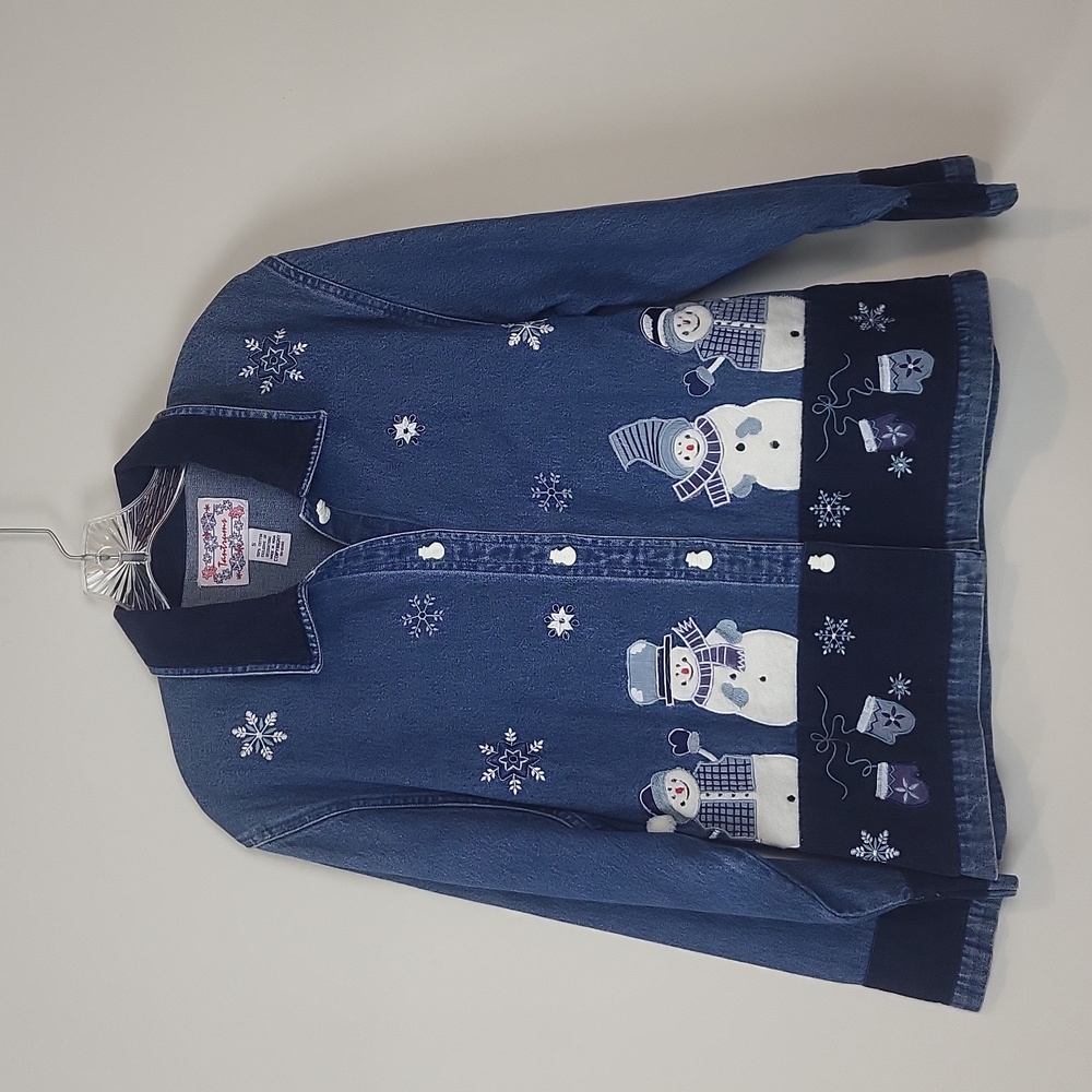 TANTRUMS Chambray & Corduroy Embroidered Snowmen & Snowflake Cotton Shirt